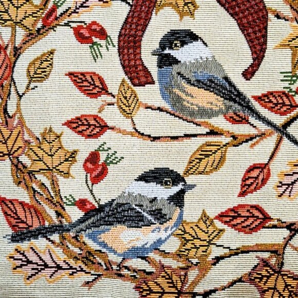 Vtg Double-sided Tapestry Bird Cover Winter Cardinal Fall Chickadee Satin Cord - Picture 4 of 5